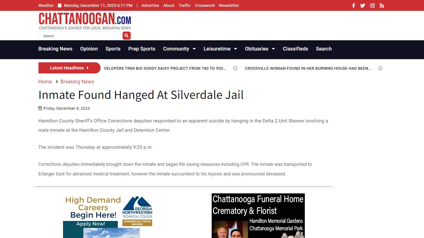 Inmate Found Hanged At Silverdale Jail - Chattanoogan.com
